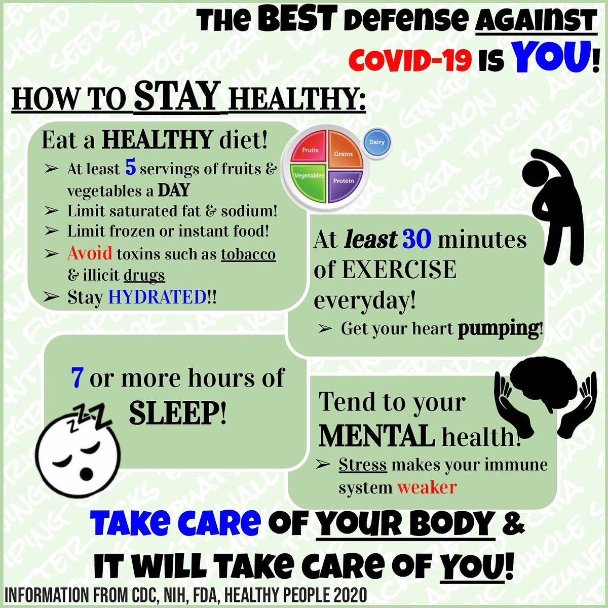 RxAlmanac's tweet photo. Worried about catching coronavirus? Don’t let that stress hurt ur immune system! Instead, get moving, eat healthy, &amp; stay positive! Here are some ways to stay healthy, to give ur immune system the best chance to defend your body! TAKE CARE OF YOUR BODY &amp; IT WILL TAKE CARE OF YOU! https://t.co/aMJuiXQa1h