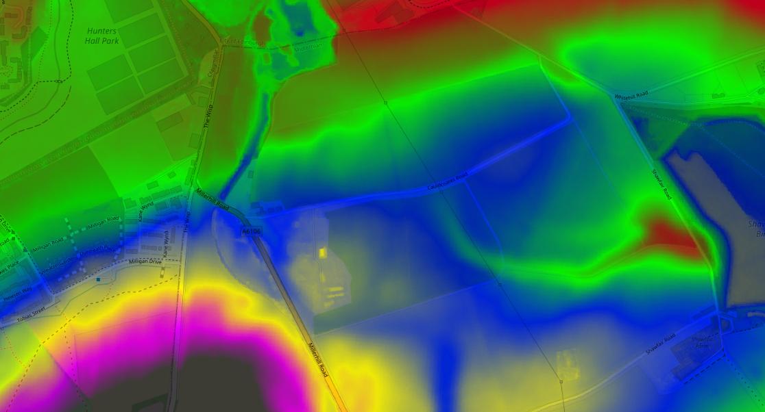 And looking at the 50m contour in the wider area - very close to that map route... And colouring by elevation (red 40m, green 50, blue 60, yellow 70, magenta 75, grey 80+) /11
