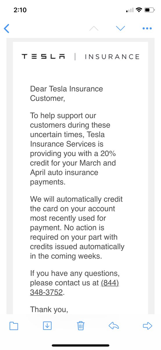 It looks like Tesla Insurance not only lowered my premium a bit for the new term, but they are also giving me 20% discount for not driving much during the lockdown. Thank you!
