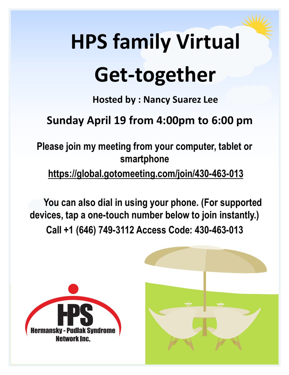 CureHPS's tweet photo. PS families!!! Come join us !! let's gather and have fun virtually!! This Sunday, April 19 from 4:00 to 6:00 PM EST
Please join my meeting from your computer, tablet or smartphone
https://t.co/D8EzsqzsQS
Or by phone Call +1 (646) 749-3112 Access Code: 430-463-013 https://t.co/e2QhWClyQg