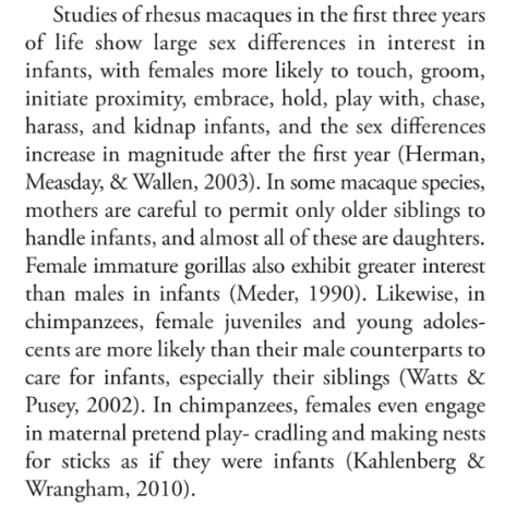  Entre as diferentes espécies de primatas, as fêmeas mais jovens demonstram maior interesse nos bebés do que os machos. https://books.google.de/books?hl=de&lr=&id=ZO-MDwAAQBAJ&oi=fnd&pg=PA27&ots=ovsyUvJNzP&sig=KF190y1FFbztrnvIKp4ITu0Ky_I#v=onepage&q&f=false