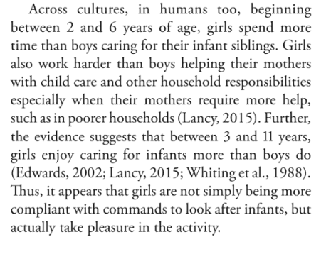  Entre as diferentes espécies de primatas, as fêmeas mais jovens demonstram maior interesse nos bebés do que os machos. https://books.google.de/books?hl=de&lr=&id=ZO-MDwAAQBAJ&oi=fnd&pg=PA27&ots=ovsyUvJNzP&sig=KF190y1FFbztrnvIKp4ITu0Ky_I#v=onepage&q&f=false