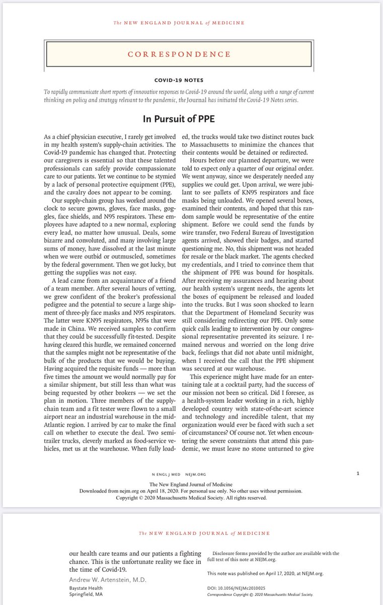 Look at this! <a href="/Baystate_Health/">Baystate Health</a>’s own Dr. Artenstein in <a href="/NEJM/">NEJM</a>. Heroic efforts to bring N95 masks to Western Mass. Trucks marked as food-service vehicles. Two routes home. Stops by the FBI. Grateful for this incredible work, but this should NOT be happening in the USA. #WeNeedPPE