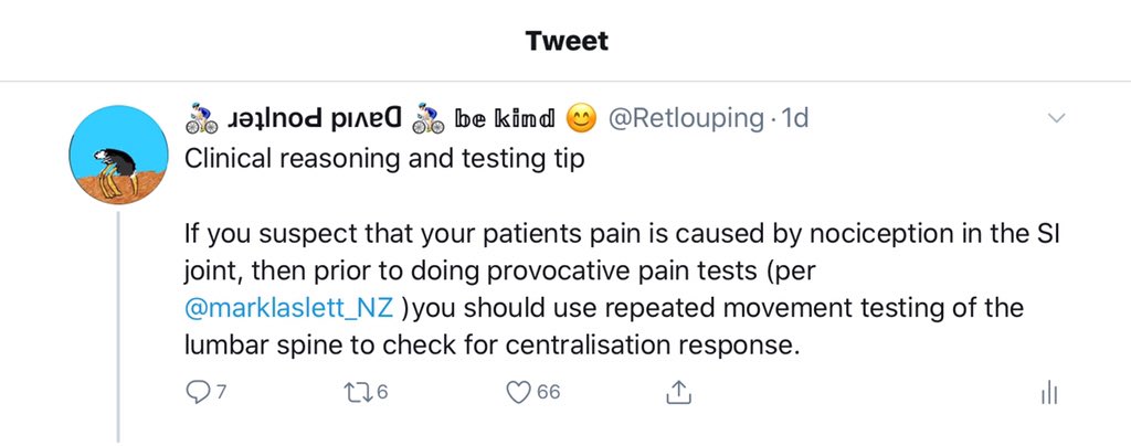 I am actually going to totally contradict my tweet from yesterday which caused a  thread  see tweet below. I rarely if ever use provocative testing, including the SI joint tets, I have rarely found a need to as I practice solution finding not problem finding and giving .