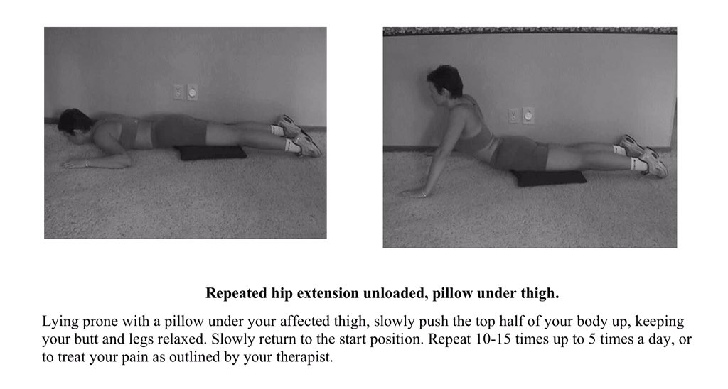 During repetition, always remember to set a pre test baseline for recheck after. If you are focusing the exercise for hip extension you can utilize a pillow under the thigh of the painful side. This technique is also useful for patients with hip IR and ER movement loss.