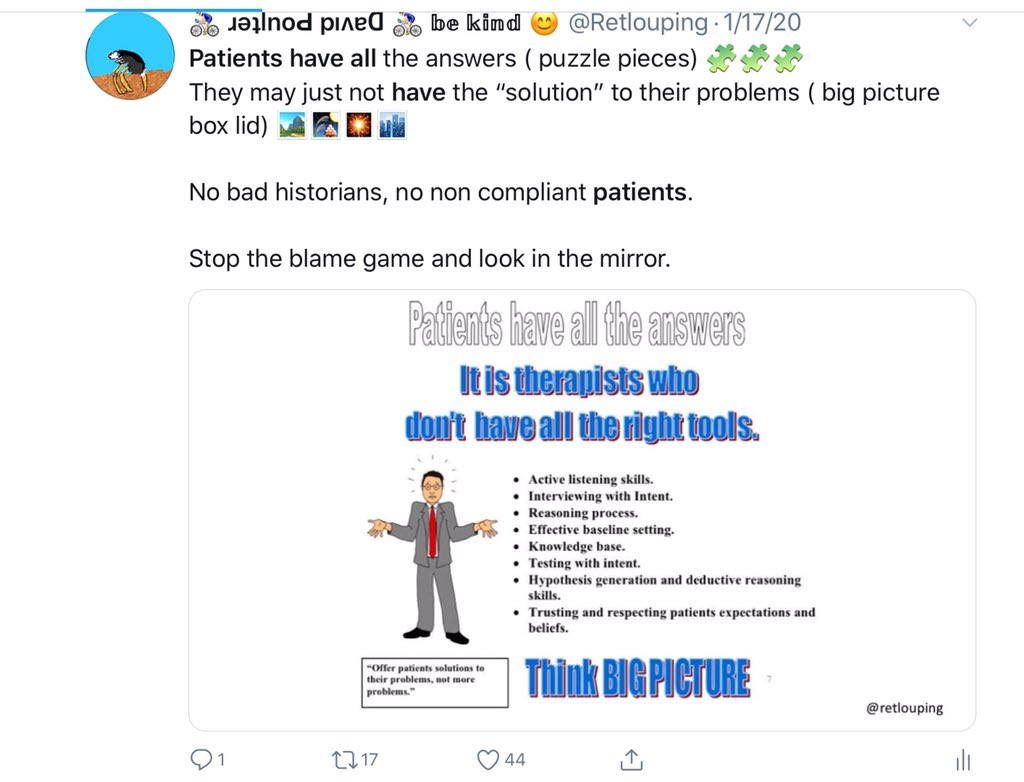 Provocative repeated movements. I am not a dogmatic McKenzie therapist following an assessment form or bowing to tradition, I utilize the expert, the patient and listen to their self examination AKA their history. I propose that listening and receiving a patient history with...