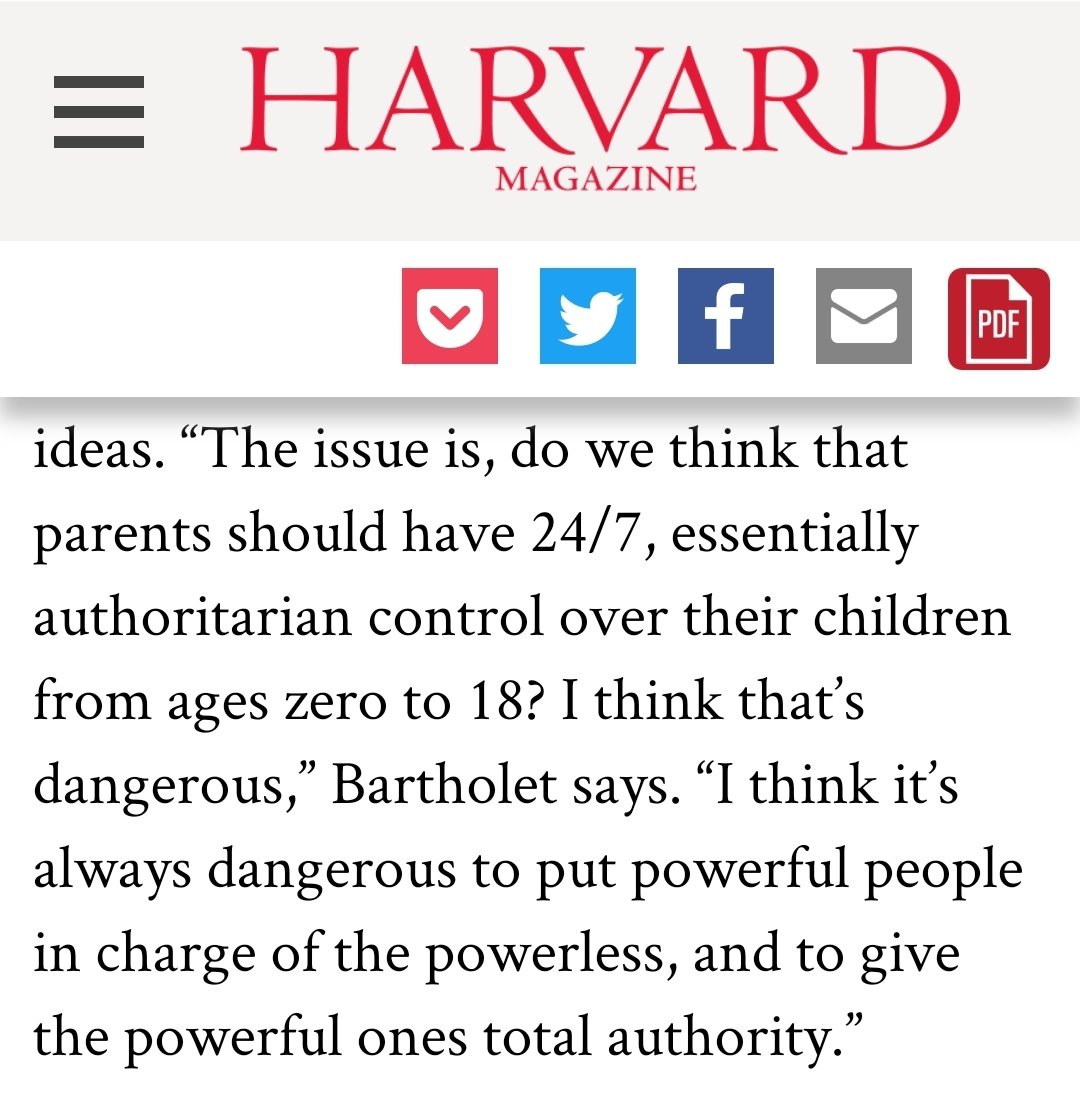 Elizabeth says parents currently have "authoritarian control over their children."She also says it's "always dangerous to put powerful people in charge of the powerless, and to give the powerful ones total authority."Oh the irony.