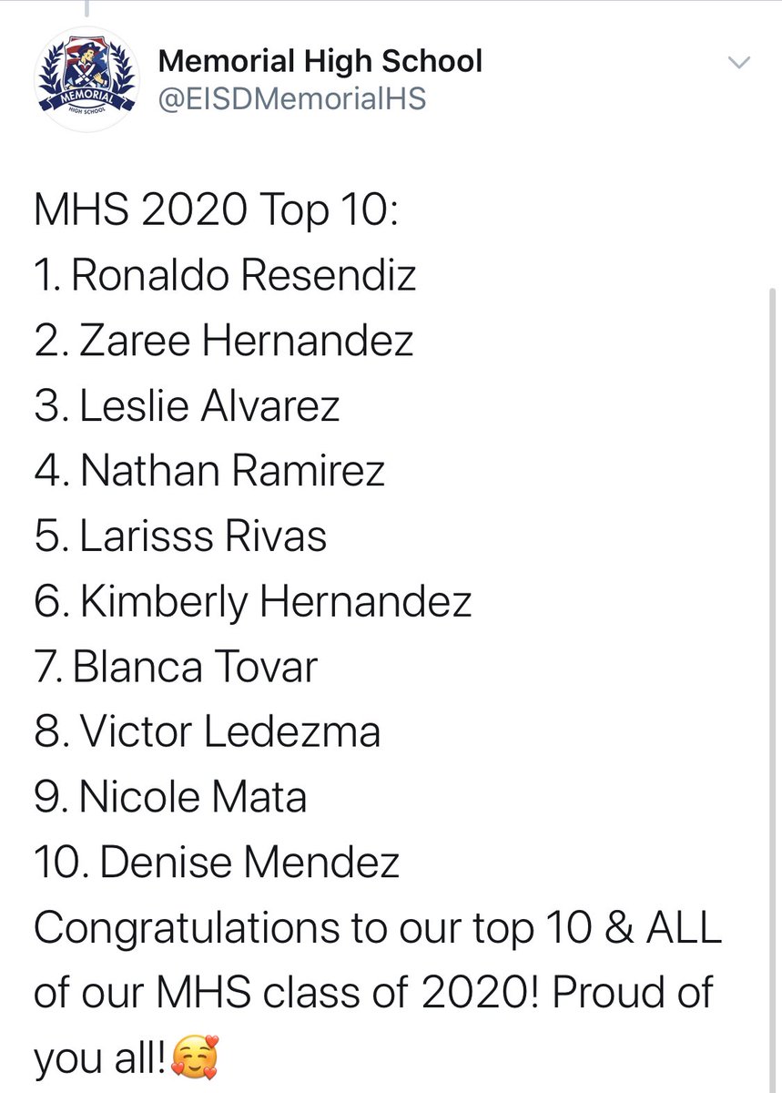 MemorialGrlAthl's tweet photo. Congrats to our top 10 MHS scholars!! 🎓🎉
Special shout out to our female student-athletes:
•Kimberly Hernandez
•Blanca Tovar
•Victor Ledezma
•Nicole Mata
•Denise Mendez
These individuals carried their course load &amp;represented Memorial athletics well! https://t.co/jrRwH0XMm7