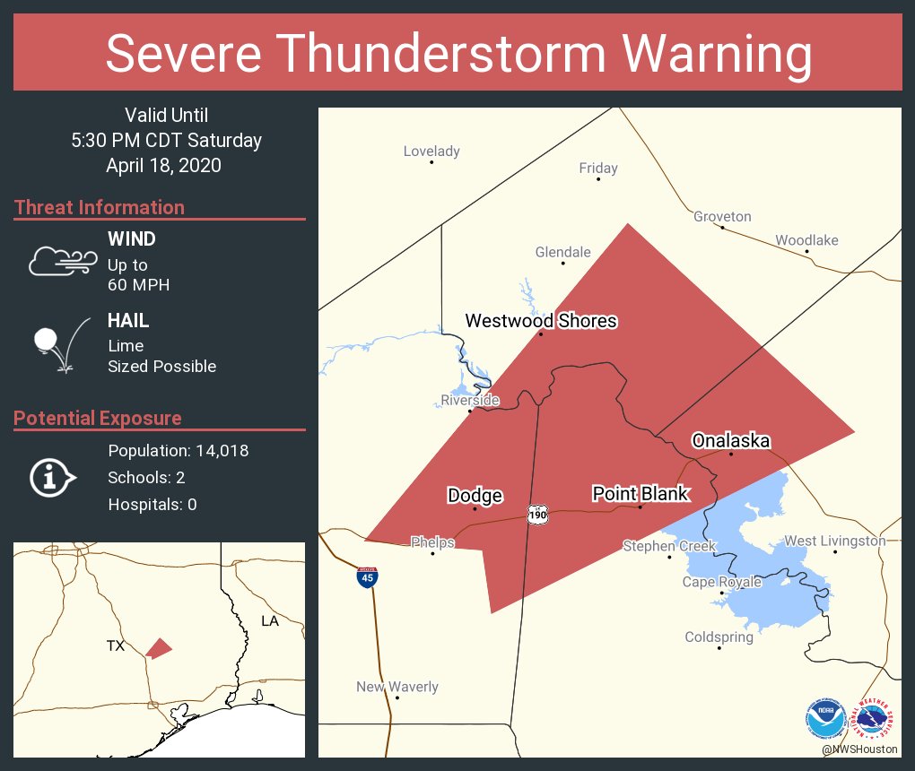 Severe Thunderstorm Warning including Onalaska TX, Westwood Shores TX