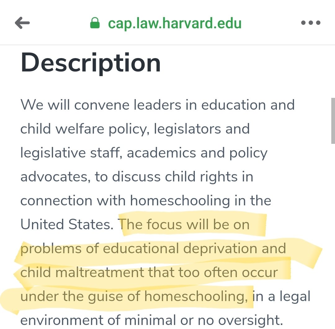 Harvard Law School is also hosting an anti-homeschooling conference in June. The conference is invite-only.From the description: "The focus will be on problems of educational deprivation and child maltreatment that too often occur under the guise of homeschooling."