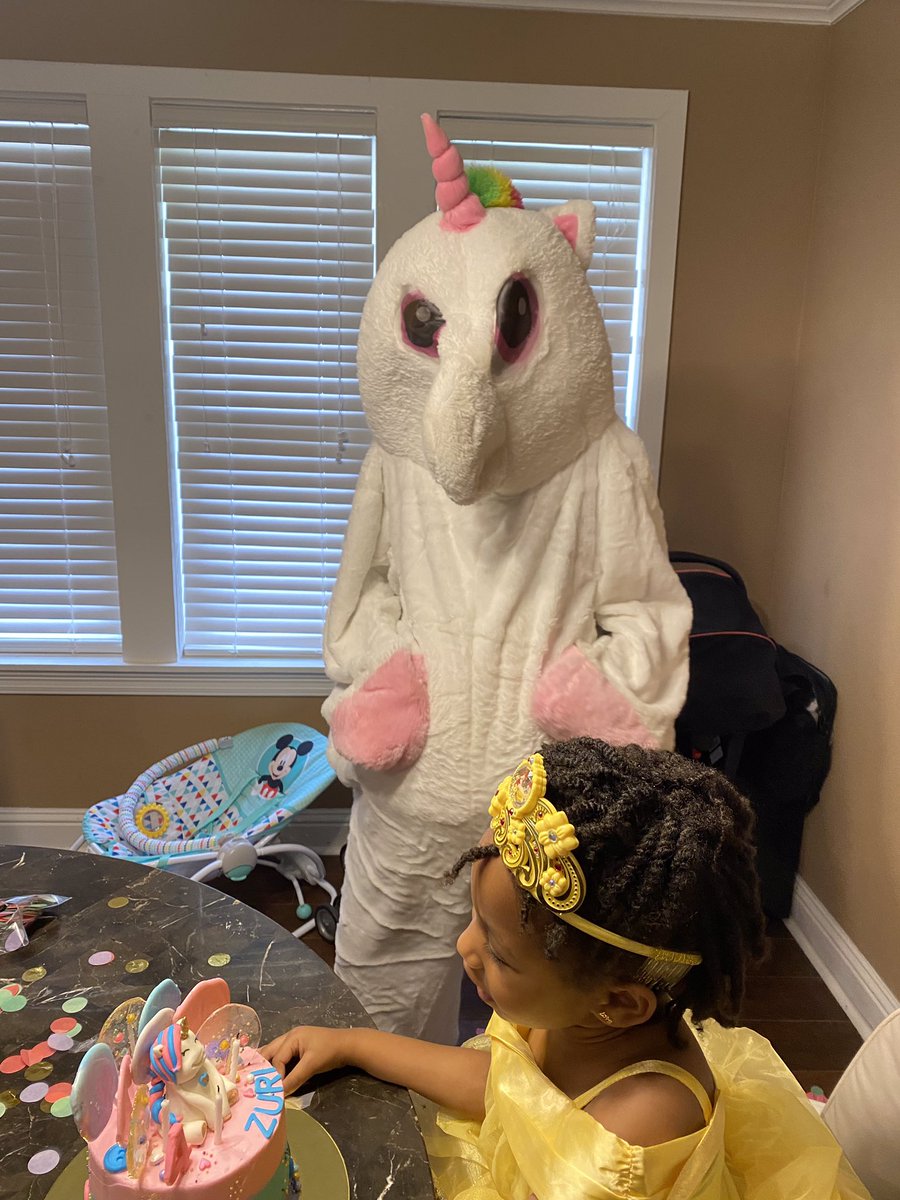 CBaunchand's tweet photo. Today was my little sisters birthday and she kept asking for her friends but they couldn’t come over so i dressed up as a unicorn and we started a zoom with all of her classmates and friends it’s sad to see something that can’t happen because of this virus. https://t.co/qUpV9a8nGX