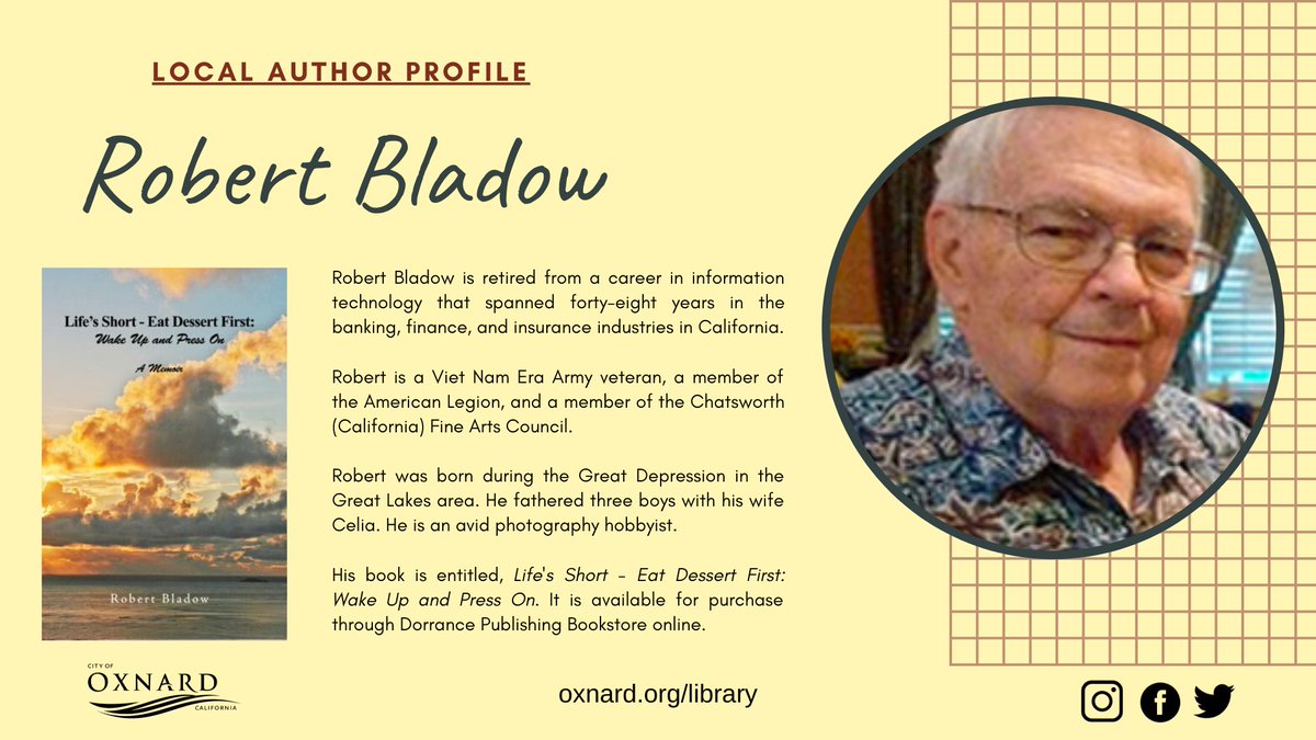oxnard_library's tweet photo. In celebration of National Library Week (April 18th-25th) we'll be profiling one local author (Oxnard and surrounding areas) every day. Get to know our local authors, look up their books, and help support independent writers.
#libraryweek2020 #localauthors https://t.co/p2Ues8w7VC