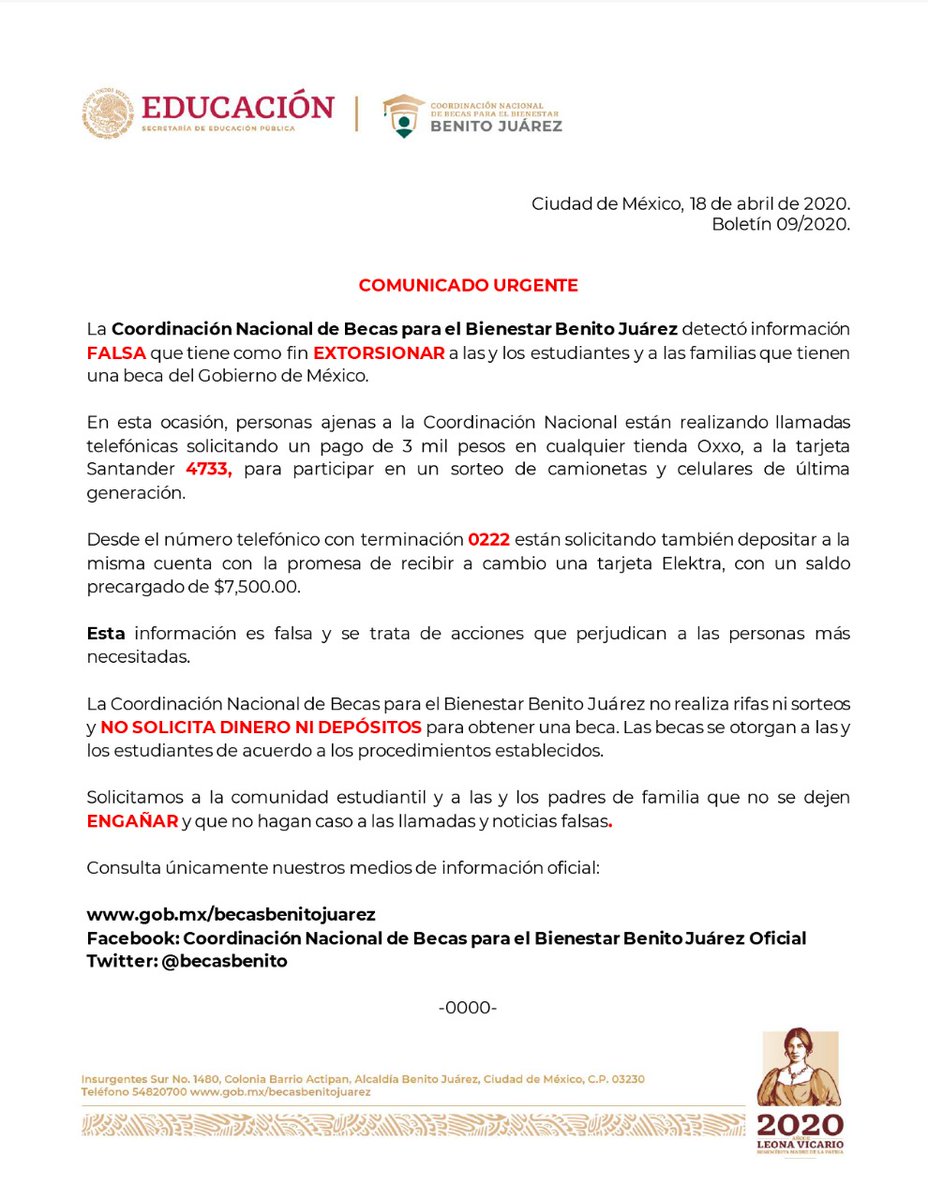 BecasBenito's tweet photo. 🚨COMUNICADO URGENTE🚨

⚠️ Se ha detectado información FALSA que tiene como fin EXTORSIONAR a las y los estudiantes y familias con #BecaBenitoJuárez 📚

Lee toda la información 🤓

Recuerda que NO solicitamos DINERO ni DEPÓSITOS 💲

NO te dejes engañar 

Ayúdanos a compartir 📲 https://t.co/azHOv3SPbg