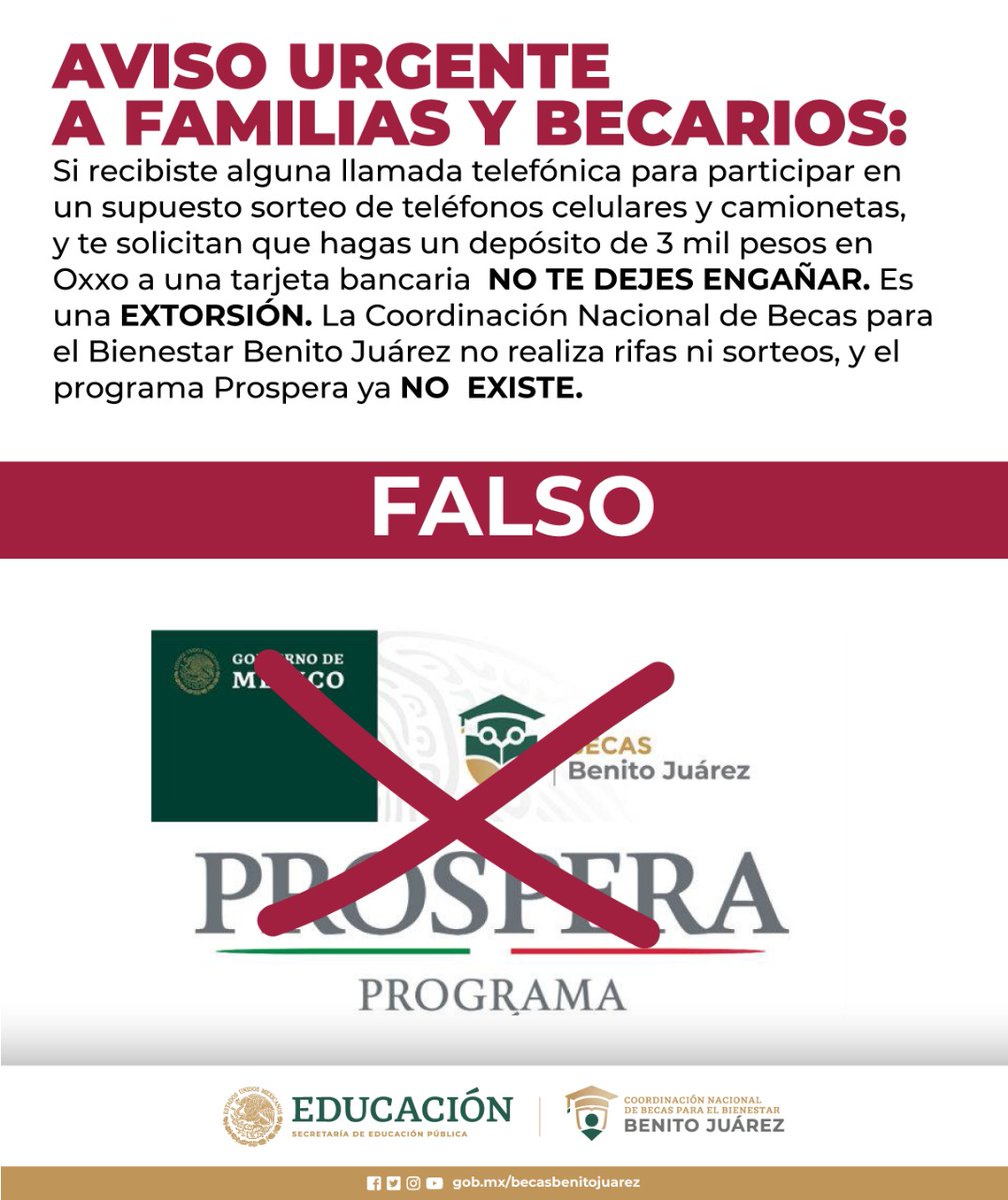 BecasBenito's tweet photo. 🚨COMUNICADO URGENTE🚨

⚠️ Se ha detectado información FALSA que tiene como fin EXTORSIONAR a las y los estudiantes y familias con #BecaBenitoJuárez 📚

Lee toda la información 🤓

Recuerda que NO solicitamos DINERO ni DEPÓSITOS 💲

NO te dejes engañar 

Ayúdanos a compartir 📲 https://t.co/azHOv3SPbg