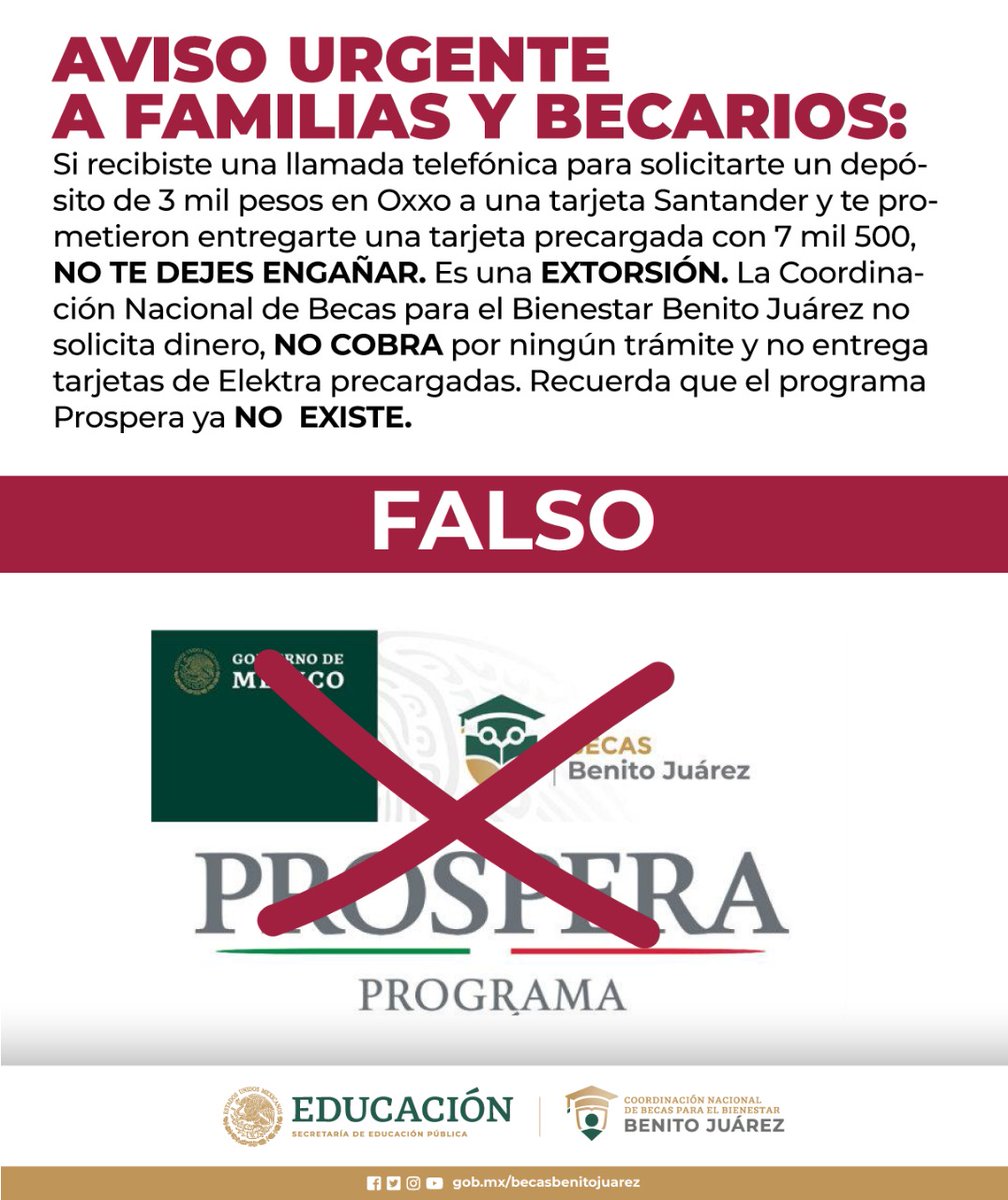 BecasBenito's tweet photo. 🚨COMUNICADO URGENTE🚨

⚠️ Se ha detectado información FALSA que tiene como fin EXTORSIONAR a las y los estudiantes y familias con #BecaBenitoJuárez 📚

Lee toda la información 🤓

Recuerda que NO solicitamos DINERO ni DEPÓSITOS 💲

NO te dejes engañar 

Ayúdanos a compartir 📲 https://t.co/azHOv3SPbg