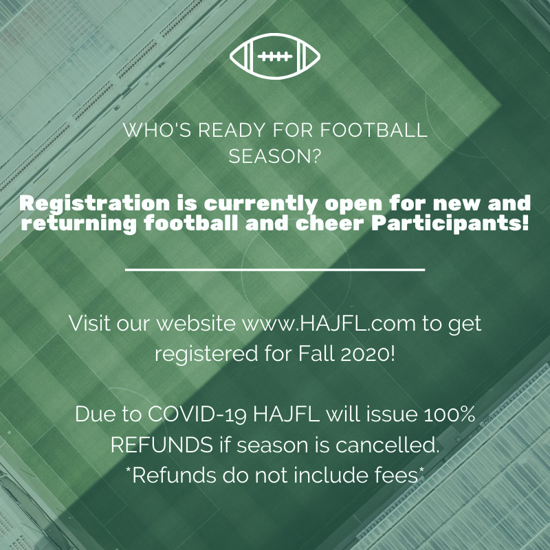 HAJFL1's tweet photo. Just a quick reminder.... Registration is still open for 2020 Football &amp; Cheer!  Visit our website for more information and to register https://t.co/vft97Qw1lR https://t.co/fQ7GDQHRS7