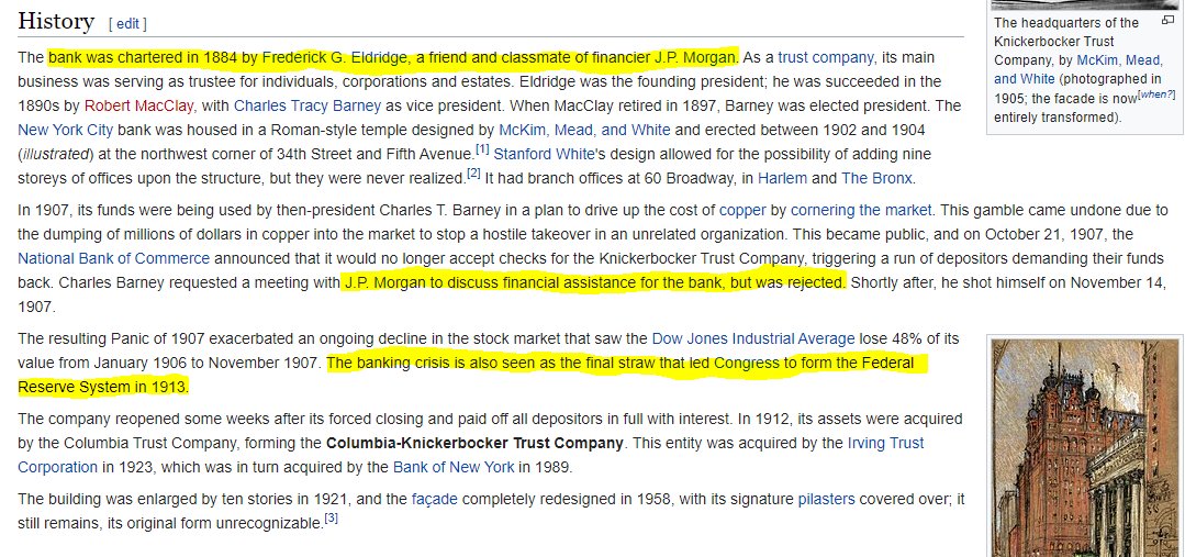 Another catalyst for the Fed"The Panic of 1907"A bank run caused by the collapse of "The Knickerbocker Trust" which JP Morgan refused to bailoutThe same JP would then step in to "save" the systemThis triggered an anti-trust congressional investigation into US banks 1912