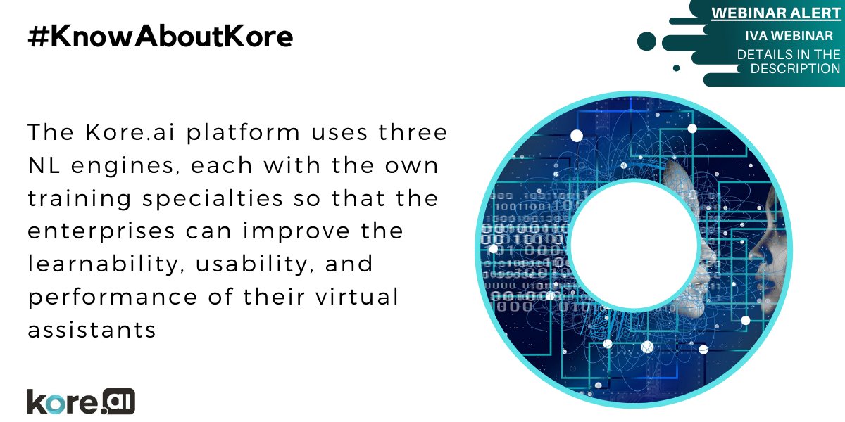 koredotai's tweet photo. The Kore ai platform uses three NL engines, each with the own training specialties so that the enterprises can improve the learnability, usability, and performance of their #virtualassistants - https://t.co/jfcy8KBhLz
Join the Webinar - https://t.co/Uk333y6wEF
#bottraining #NLP https://t.co/zP6zGejdFT