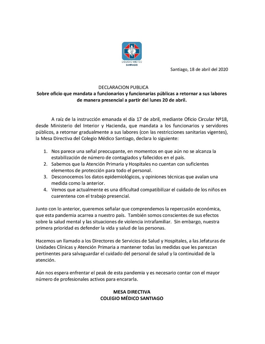 ColMedSantiago's tweet photo. [DECLARACIÓN] Sobre oficio emanado desde los ministerios del Interior y de Hacienda, el que mandata a los funcionarios públicos a retomar sus funciones de manera presencial, la Mesa Directiva del #ColmedSantiago declara👇 https://t.co/WEpaICmFXS