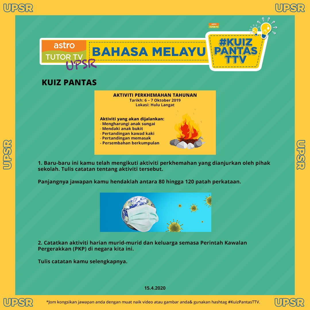TutorTVPT3's tweet photo. Selamat hari minggu! Hari ni jom kita jawab #KuizPantasTTV Bahasa Melayu! 😃
.
Kongsi jawapan dengan memuat naik video/gambar anda &amp; gunakan #KuizPantasTTV
.
#KuizPantasTTV
#DudukRumahChallenge
#TutorTV https://t.co/JnTE2gnECq