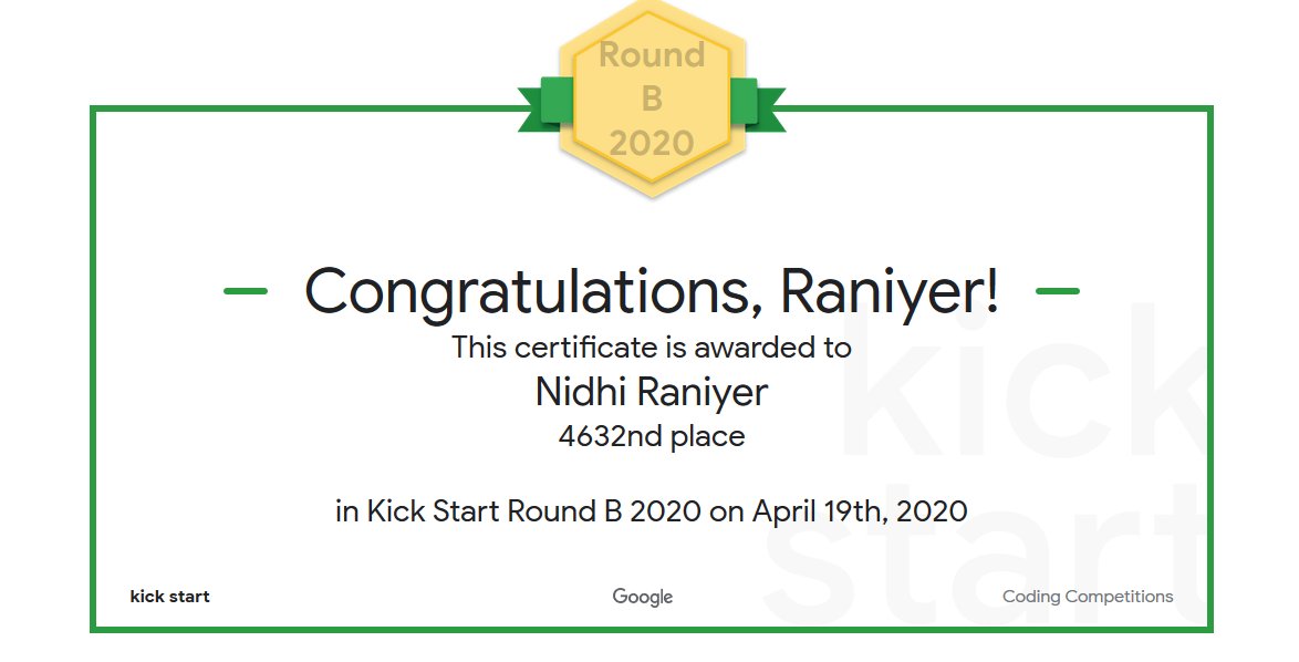 NRaniyer's tweet image. D31/#100DaysOfCode 
My 1st global coding competition. I&apos;ve thought coding competitions to be out of my league, but #GoogleKickStart was a g8 place to start. I had a lot of fun solving those questions. w8ing for round C and hoping to do better!!
#WomenWhoCode #GirlsWhoCode