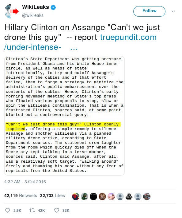 Claro, los medios lo maquillaron y quedó para muchos como filtración y listo. Pero no. Los mails hablaban de pizza, demonios, pasta, hot dogs, queso, pañuelos y rituales. Clinton perdió la paciencia y se le vio su lado más oscuro, sugiriendo que un dron mate a Julian Assange.