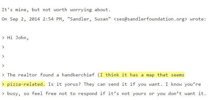 En 2014 Susan Sandler pregunta a Podesta si es de el un pañuelo para secarse el sudor (handkerchief) que parece “mapa” relacionado con la “pizza”. Y Podesta le dice que sí, pero que no es importante.