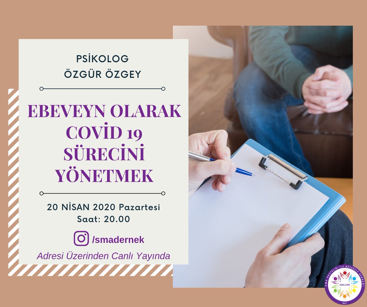 SMA-DER tarafından düzenlenen online seminerler;Psikolog Özgür ÖZGEY'in katılımı ile devam ediyor."Ebeveyn Olarak Covid-19 Sürecini Yönetmek" konusunda sorularınızı 05072067424 numarasına ulaştırabilirsiniz.
🗓️ 20 Nisan 2020 Pazartesi 20:00
🌎 instagram.com/smadernek Canlı Yayın