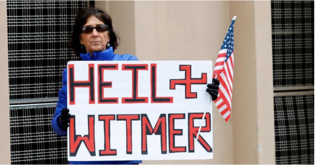To me this is an illuminating dynamic. In Michigan, there were literal swastikas on posters used to compare Gov. Gretchen Whitmer, a Democrat, to a dictator.In NH, whose orders are the same, there were vague posters about tyranny but few attacks against the governor  #nhpolitics