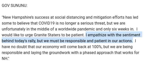 And from all appearances, the governor is aware of that. In a statement Saturday, he spoke against the protesters' request, urging Granite Staters to have patience.But he did so gingerly. Here's his whole statement: #nhpolitics