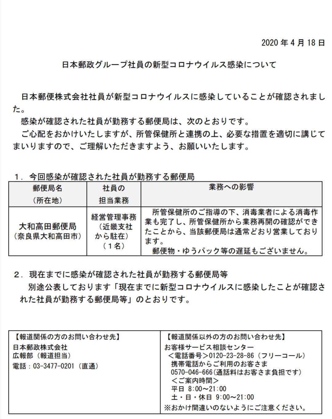 たかとり侍21 高取町 日本郵政は 奈良県大和高田市にある大和高田郵便局につとめる社員が新型コロナウイルスに感染していたことがわかったと発表しました 当郵便局は 消毒済みで濃厚接触者も自宅待機のため今郵便局にいって感染リスクは 低いて思われます たかとり侍21 高取町 日本郵政は 奈良県大和高田市にある大和高田郵便局につとめる社員が新型コロナウイルスに感染していたことがわかったと発表しました 当郵便局は 消毒済みで濃厚接触者も自宅待機のため今郵便局にいって感染リスクは 低いて思われます