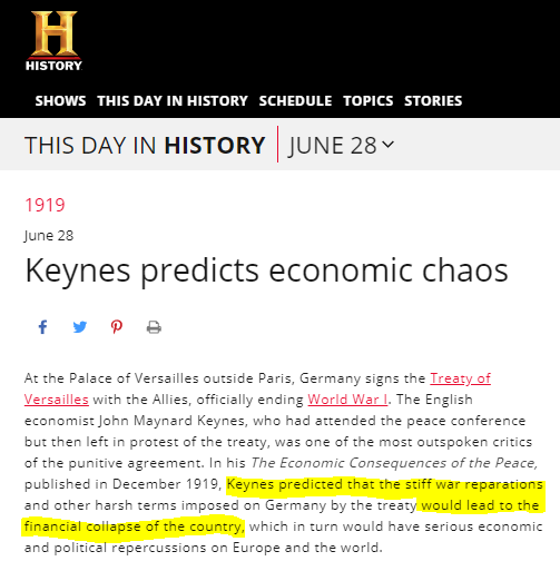 Even well known eugenicist Keynes (of whose "Keynesian Economics" our current central bank debt-based economy is based on) realized this was a ridiculous sumAccording to his calculations it would have taken Germany until 1988 of hard labor to pay it offIt took them until 2010