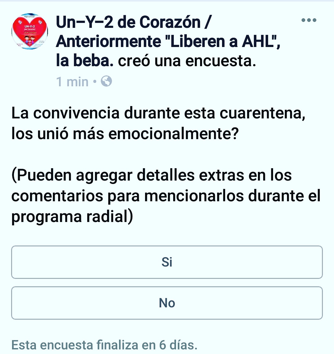 UNY2deCorazon's tweet photo. #Encuesta  #radio #podcast #UnY2deCorazón #programa #FrecuenciaUnY2 #potd #EnCuarentena https://t.co/NEKESdjTt0