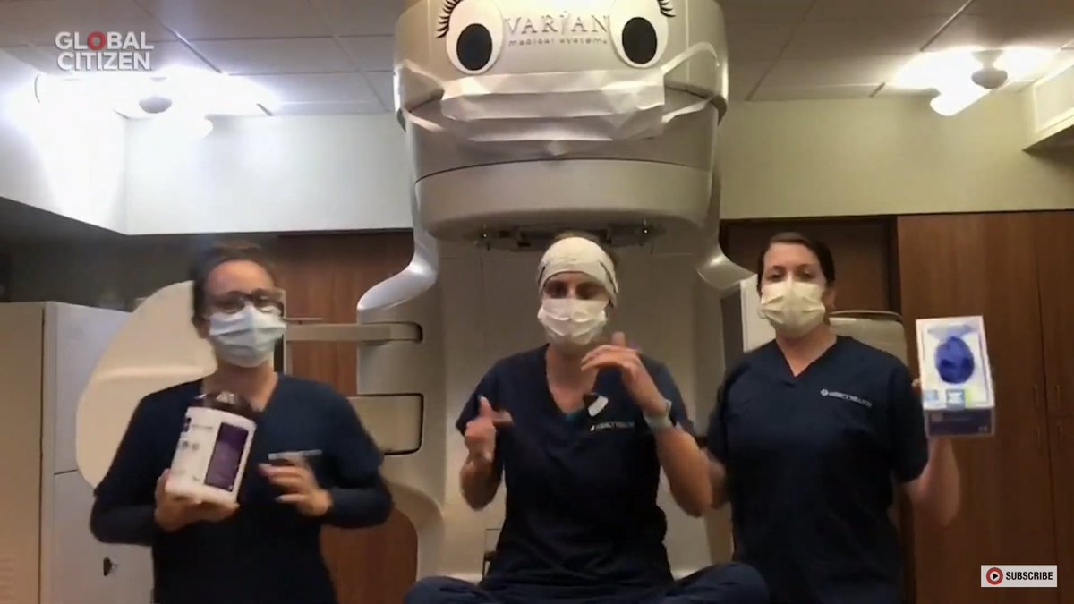 CityUniRT's tweet photo. Radiotherapy colleagues from USA feature on the @ladygaga curated #GlobalCitizen #OneWorldTogetherAtHome event in aid of @WHO global COVID19 response efforts #PPE #linac #radiotherapy @SCoRMembers @DoRadiography #rafiography #radiationtherapy #StayHomeSavesLives #ProtectTheNHS https://t.co/LkcX1WBdrE