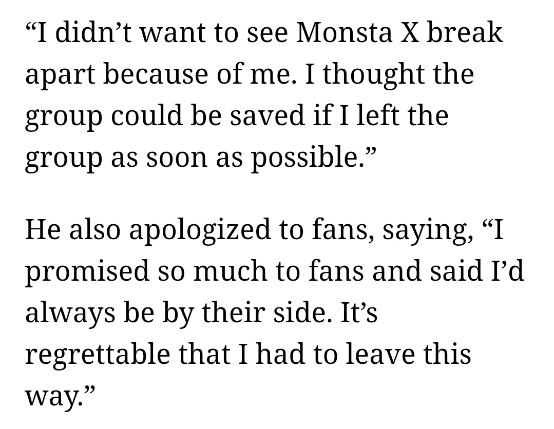 Wonho end up leaving Monsta X due this false rummors. Even though later he was proven innocent of all accusations. But it was too late, he wasn't in Monsta X anymore.