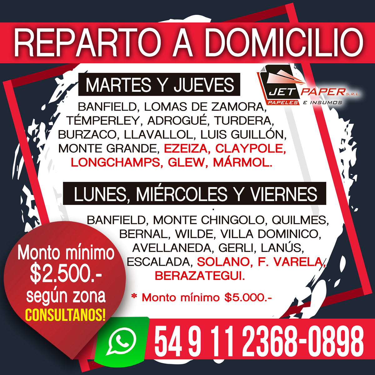 JetPaperSRL's tweet image. Reparto a Domicilio Jet Paper SRL
: Pedidos de L a V de 8 a 13 hs. Resmas, Cuadernos, Toner, Cartuchos para impresoras, Rollo impresoras y Posnet, papel Fotográfico, Goma Eva, etc. Monto mínimo de compra. Rincón 1201, Banfield Este Tel: 4202-5147/6156  jetpaper.com.ar