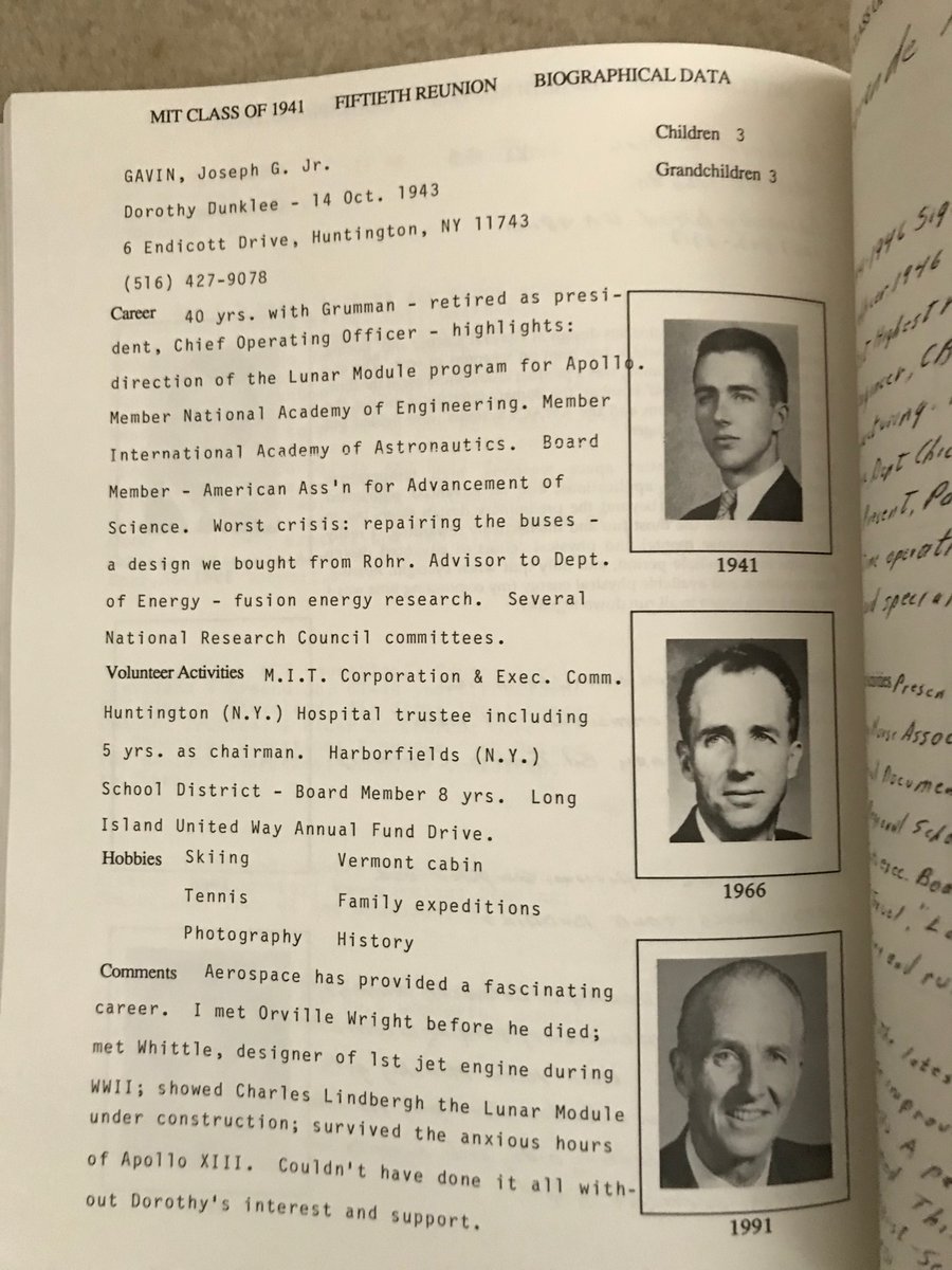 AndrewSErickson's tweet photo. #JoeGavin ’41 summarized his life &amp; career for @MIT 50th reunion yearbook—

“Highlights: direction of the #LunarModule program for Apollo.”

“I met #OrvilleWright before he died…showed #CharlesLindbergh the [#LM] under construction;] [&amp;] survived the anxious hours of #Apollo13.” https://t.co/jmkhuVA8A8