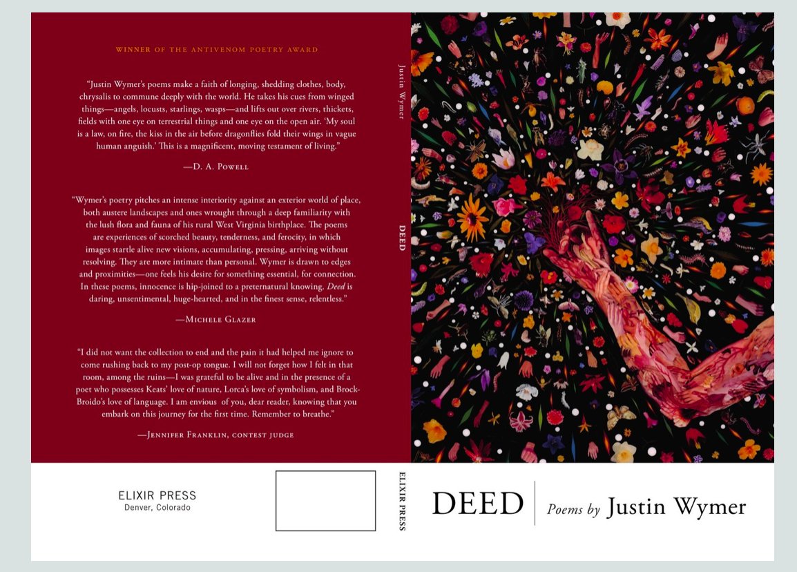 I just added  @justin_b_wymer's poetry collection Deed to my classroom library this year, and it is intense & beautiful.  https://www.justinwymer.com/about 