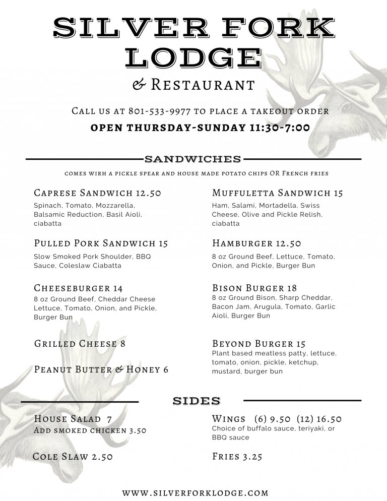 SilverForkLodge's tweet image. Checkout our delicious curbside takeout menu! 
Currently open Thursday through Sunday
🕣 11:30 am - 7:00 pm
📞 801-533-9977 to place your orders
📍11332 E Big Cottonwood Canyon Rd
Brighton, UT 84121
#silverforklodge #curbsideutah #utahcovid19 #bigcottonwoodcanyon #brightonutah
