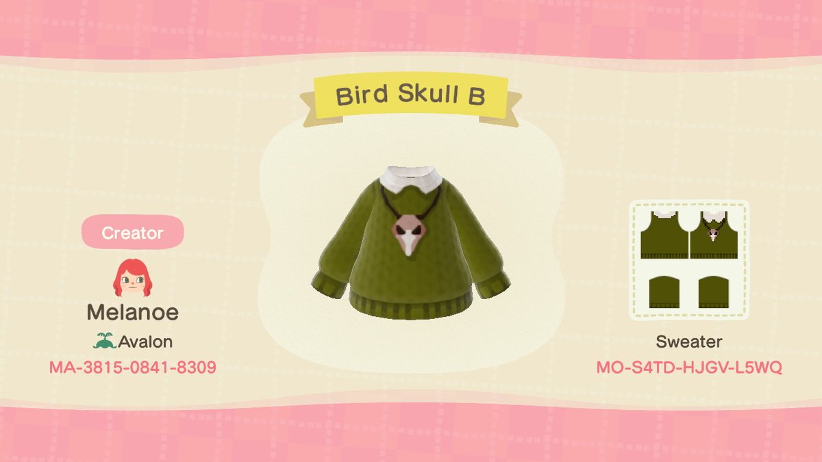 MelanoeAC's tweet photo. Outfit with a bird skull necklace &amp; variations. 
♡ Witchy vibes ✧・ﾟ
#ACNHDesigns #Acnh
#acnhpatterns https://t.co/Fs8zEZFbE3