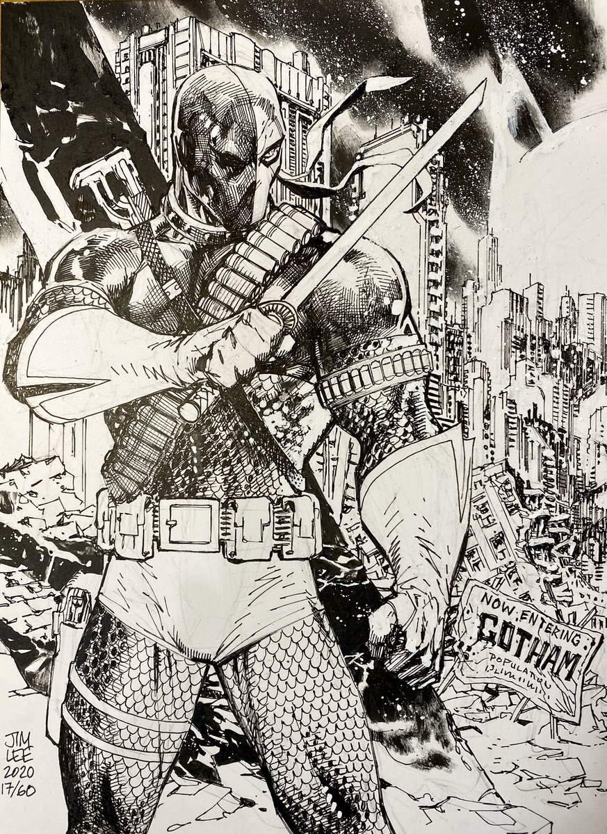 JimLee's tweet image. Day 17 is DEATHSTROKE! The left half of a diptych I made with sketch 16 of the Huntress! Deathstroke was chosen by the winner of the Red Death-@cover85 ! Thank you Stephen for your support for struggling comic shops in need via @BincFoundation 
ebay.com/itm/2029691672…