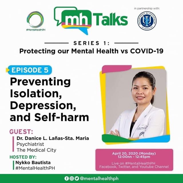 BraindaSWT's tweet image. ⚠️&quot;Is the COVID-19 pandemic a trigger for suicide?&quot; ⚠️

Join MH Talks series on Monday, April 20, 2020 from 12:00 NN to 12:45 PM as we talk about &quot;Preventing Isolation, Depression, and Self-harm&quot; LIVE with Dr. Danice L. Lanas-Sta. Maria from the Medical City.  #MHTalks