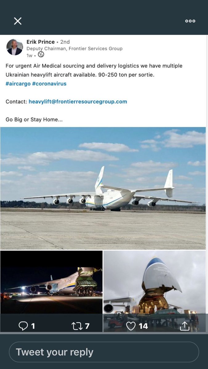 Lo & behold he has a cargo shipping company too...and an LLC & he and a head of FEMA have been tweeting about their giant planes & cargo. Then I saw 2 fascinating tweets by  @RYP__ &  @WendySiegelman