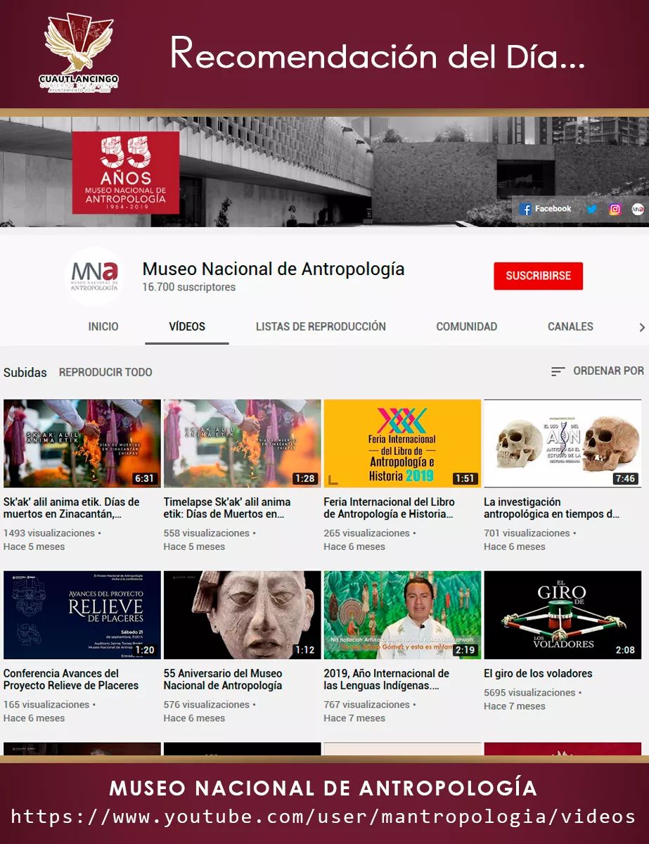 UNoticiasPuebla's tweet photo. #NoTeAburras #QuédateEnCasa
Vence el aburrimiento con la recomendación del día, te compartimos el enlace de canal oficial del Museo Nacional de Antropología https://t.co/IlLS4TCb5b 💻 en este canal podrás disfrutar de videos sobre investigaciones, documentales. @Lupita_DanielH https://t.co/uO0ogvHexi