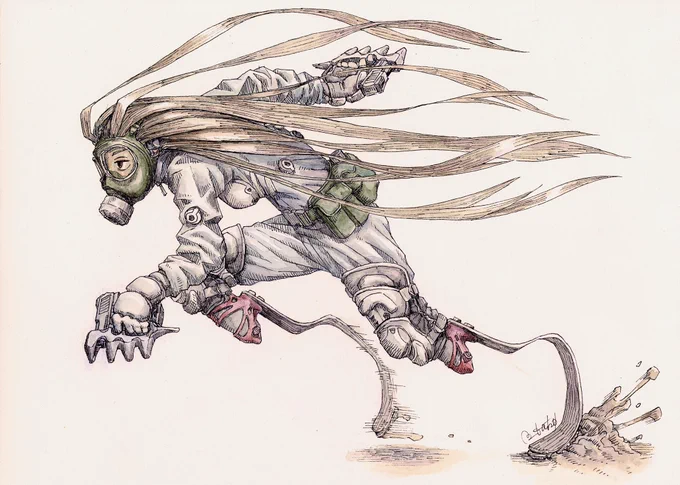 #イラスト #ペン画 #水彩 #project109 義足のアタッカー。主な攻撃手段は魔改造したハンドガンによる殴打。たまに発砲。 
