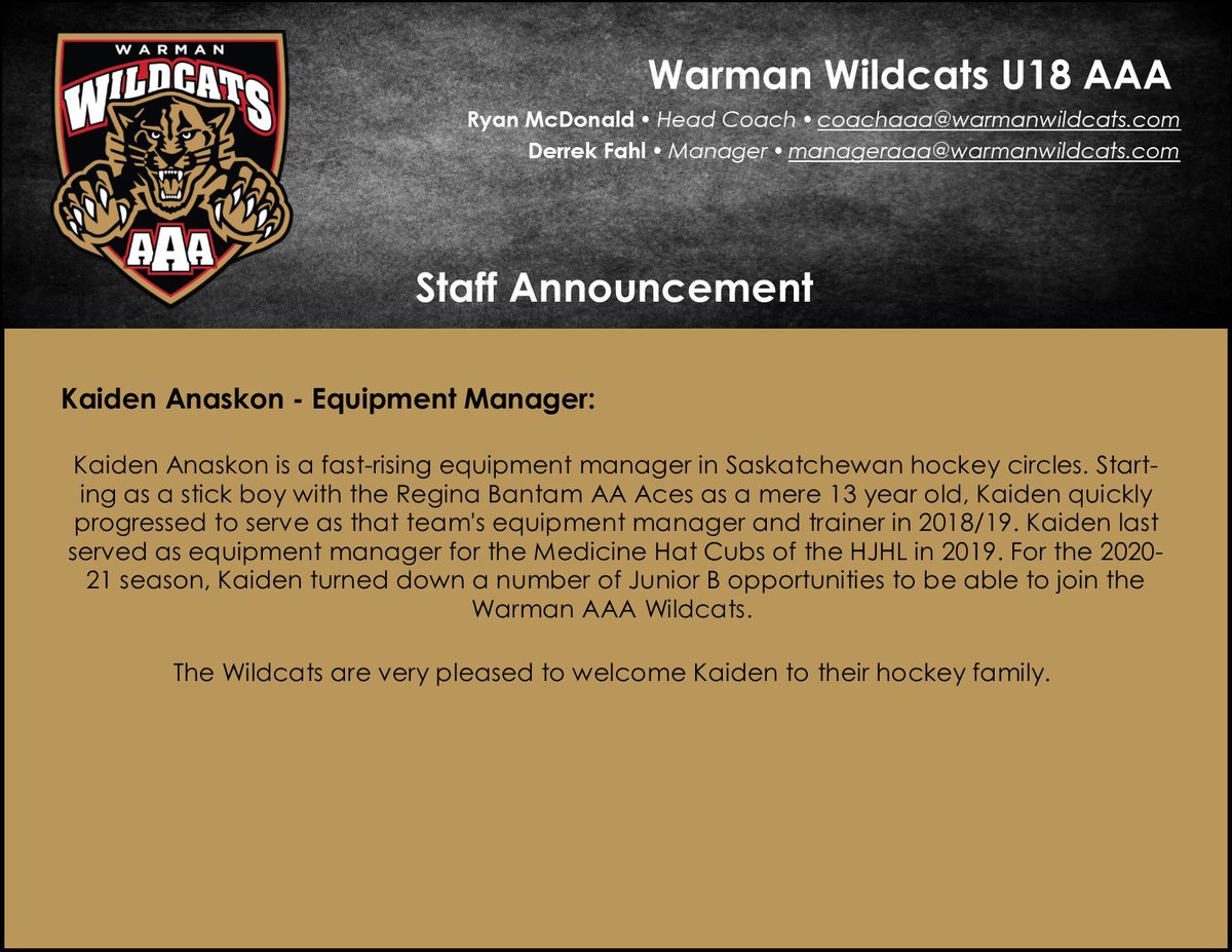 Equipment Manager Announced for Warman Wildcats U18 AAA Team. 

#wearewildcats