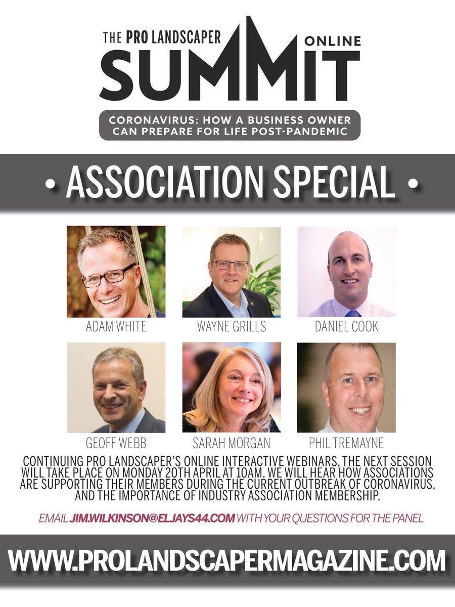 Monday, 20th April 2020 10am (UK)
<a href="/ProLandscaperUK/">Pro Landscaper</a> Online Summit.
‘Landscape Association Special’
<a href="/talklandscape/">Landscape Institute</a> <a href="/BALI_Landscape/">British Association of Landscape Industries</a> @The_SGD <a href="/The_APL/">APL</a> @thegma_  
Register now: us02web.zoom.us/webinar/regist…