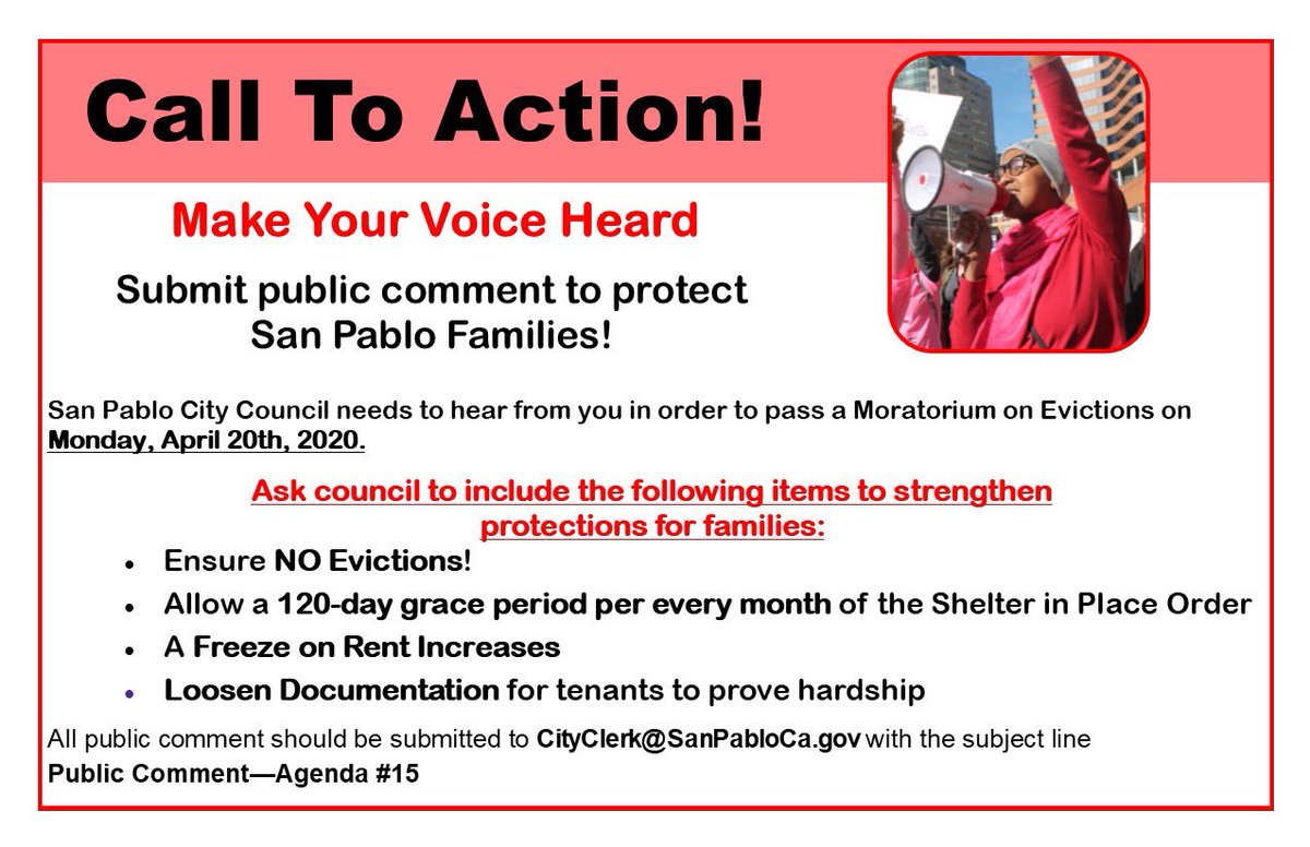 rel_evante's tweet photo. Residents in San Pablo can’t pay rent and still do not have eviction protections. This Monday, tell City Council why it matters! 
#EvictionMoratoriumNOW 
#CoCoCovidCrisis https://t.co/TaKAiBSSDw
