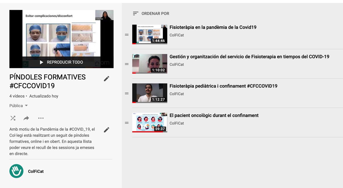 ColFiCat's tweet photo. Bon diumenge #fisioterapeutes!!

Sabeu que al nostre canal de @youtube hi trobareu una llista de reproducció que es diu: 
🗂PÍNDOLES FORMATIVES 

Teniu lliure accés a tots els #webinars que estem realitzant aquest dies 😉 #cfccovid19 

https://t.co/NJSkLTvirG https://t.co/rJ9r52VkR4