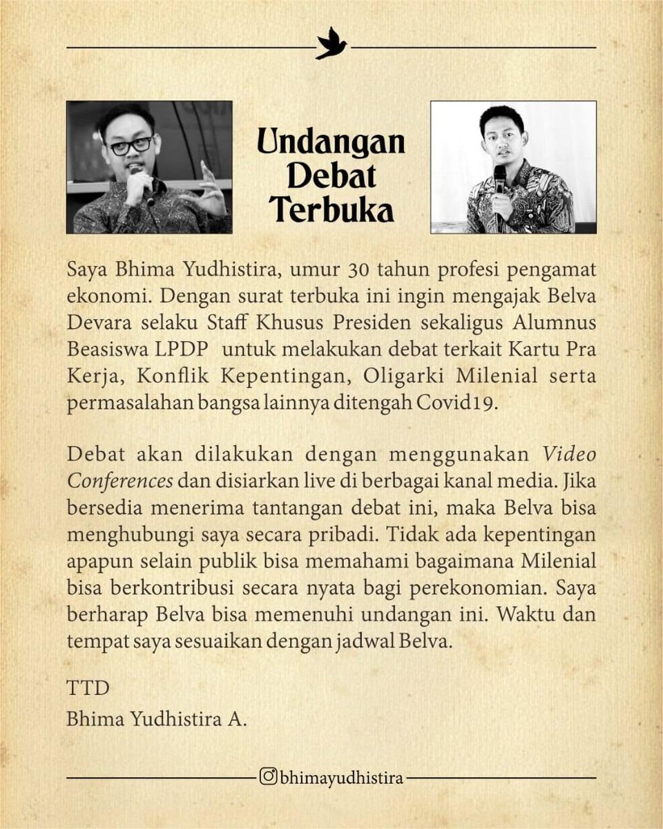 ZAEffendy's tweet photo. Seorang Stafsus Presiden yang juga CEO Ruang Guru dengan dual degree (Harvard &amp; Stanford) SEHARUSNYA BERSEDIA penuhi "undangan debat terbuka" dari seorang Pengamat Ekonomi. Berani jujur ke publik? https://t.co/ElMNz5rVCv